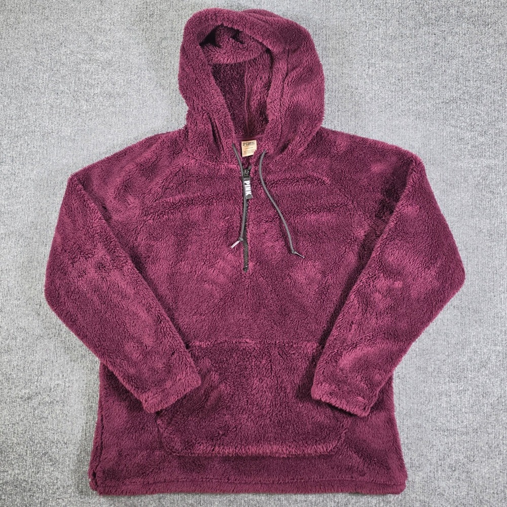 PINK Victoria's Secret Teddy Fleece Hoodie Quarter Zip Burgundy Large Pullover